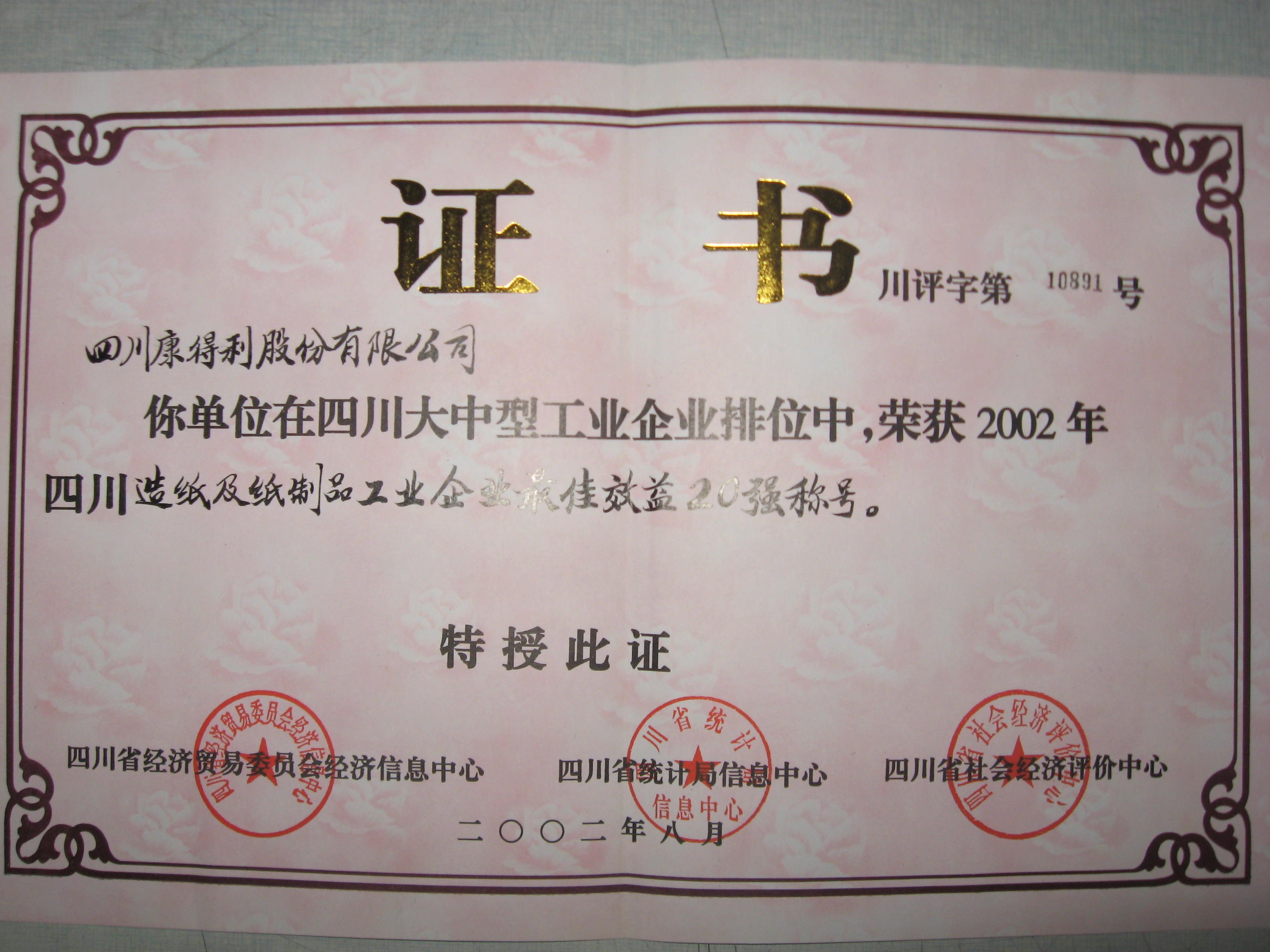 2002四川造纸及纸制品工业企业最佳效益20强